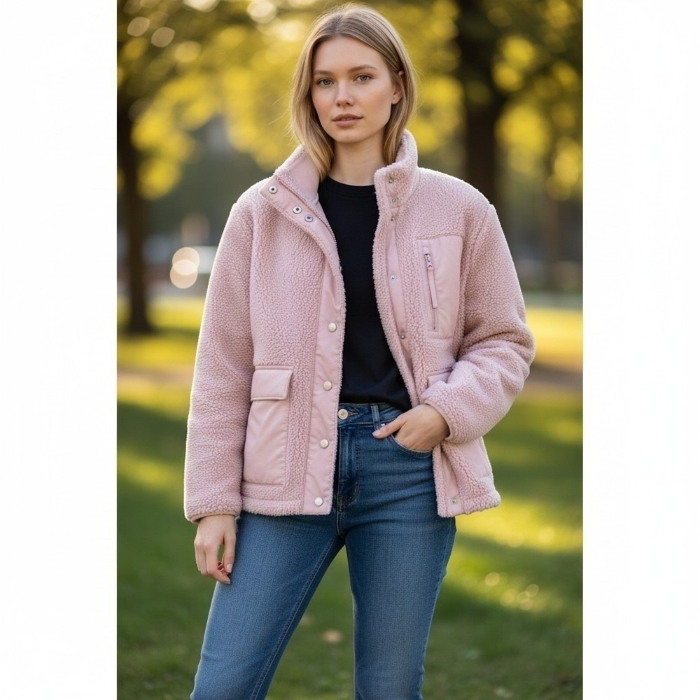 FLX Sherpa Fleece Jacket Womens XS Mauve Pink Excellent Utility Faux Fur Coat